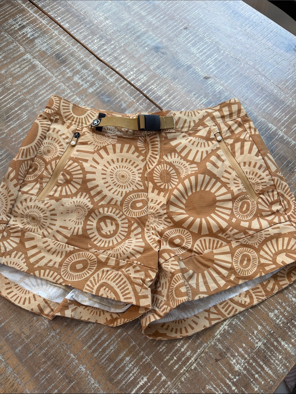 Tan Patterned Women's Athletic Shorts with Integrated Belt